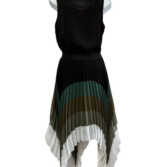 Sisley Color Block Pleated Asymmetrical Midi Dress Black US Size 8 Lined - Picture 2 of 15